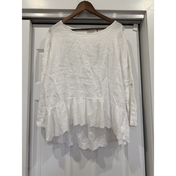 NWT Bellambia Womens S White RollTab Linen Lagenlook Oversized Embroidered Italy - Picture 1 of 7